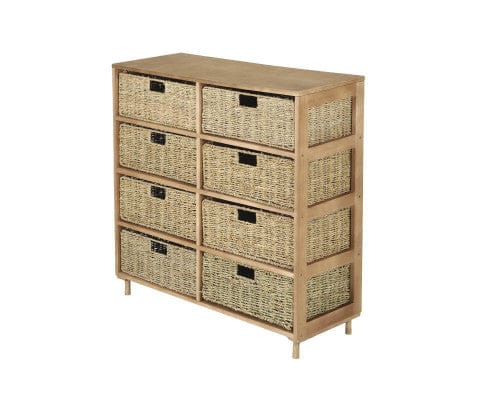 Home Master Tallboy 8 Drawer Natural Seagrass Wooden Storage Chest Stylish 85cm