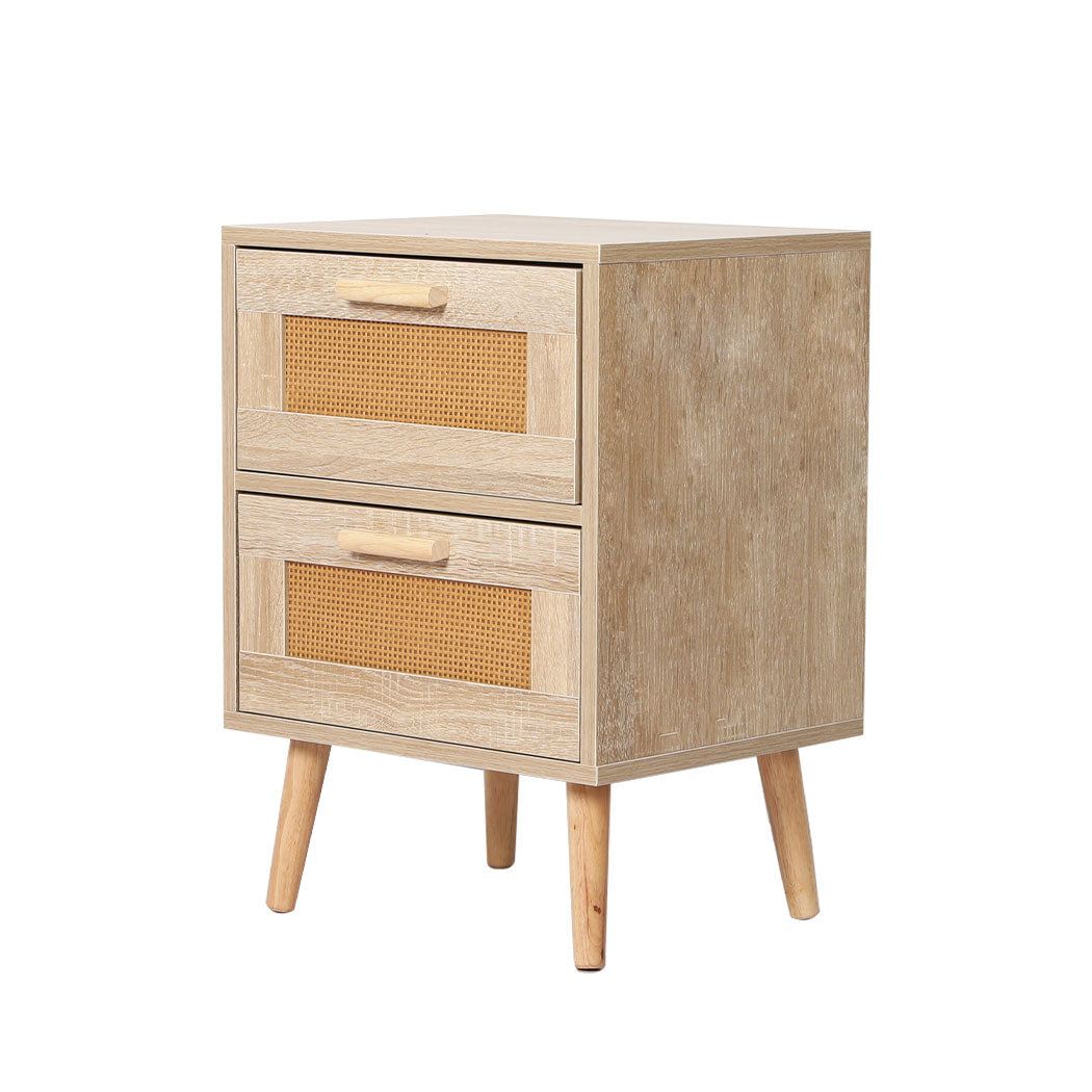 Bedside Tables 2 Drawers Rattan Wood Nightstand Storage Cabinet Bedroom Levede