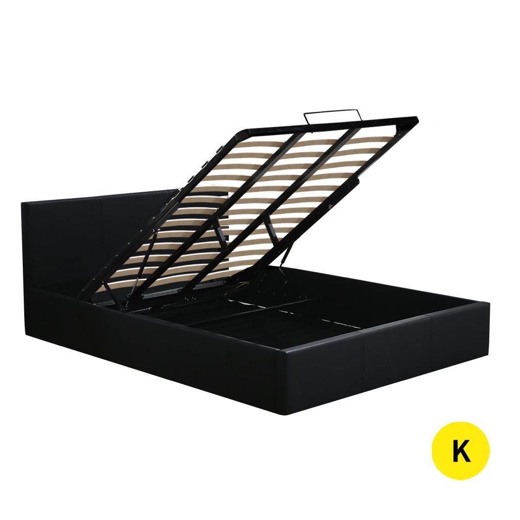Bed Frame Gas Lift Premium Leather Base Mattress Storage King Size Black Levede
