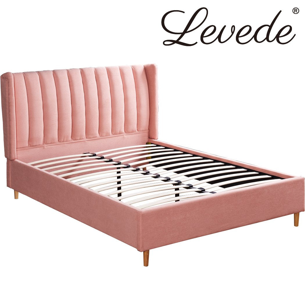 Bed Frame Velvet Base Bedhead Headboard Queen Size Wooden Platform Pink Levede