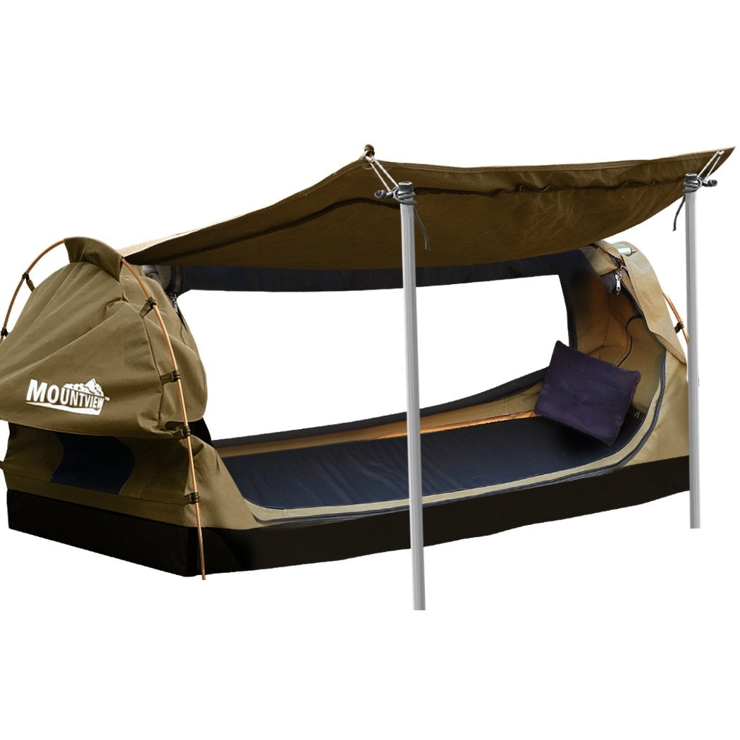 King Single Swag Camping Swags Canvas Dome Tent Free Standing Khaki Mountview