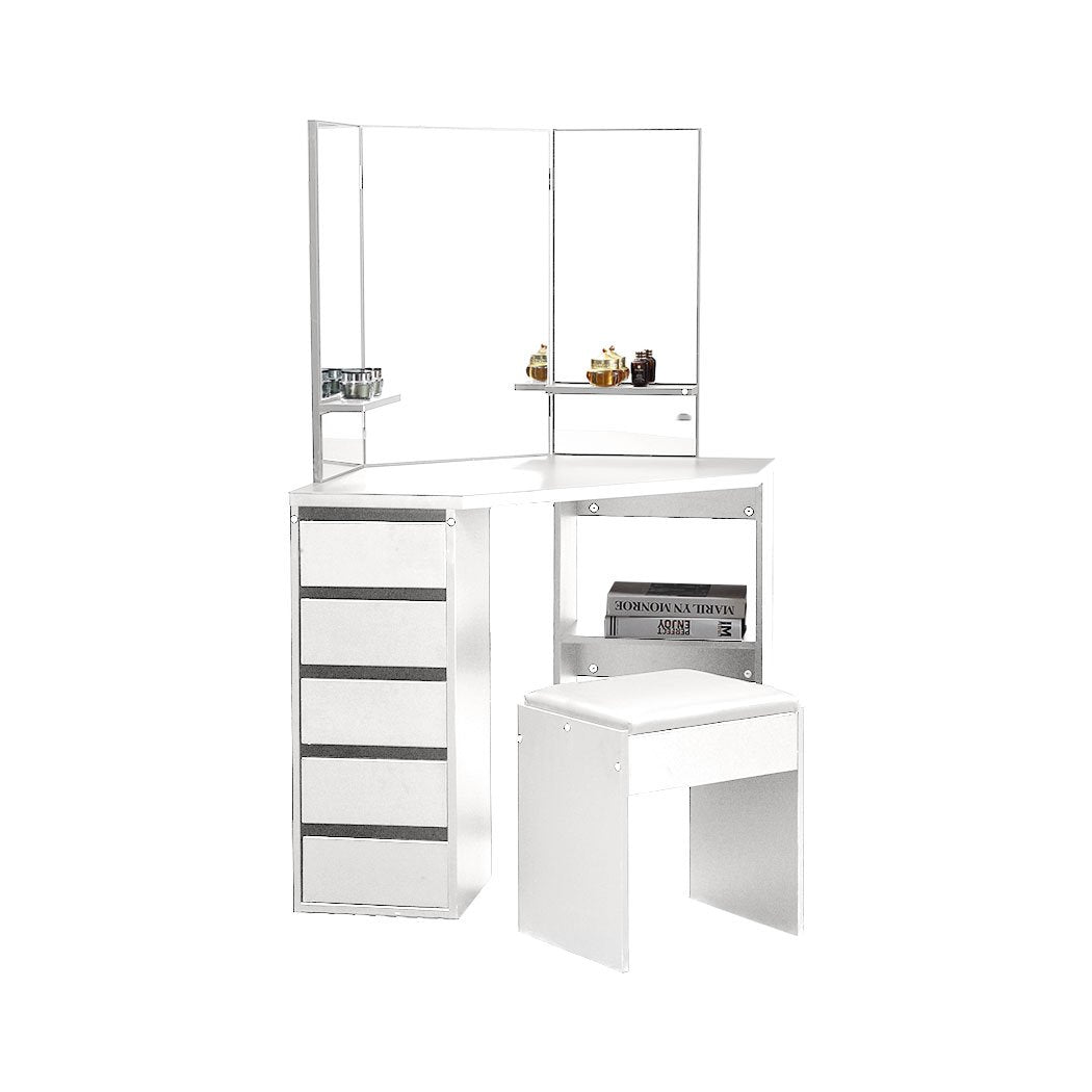 Dressing Table Stool Mirror Jewellery Organiser Makeup Cabinet 5 Drawers White Levede