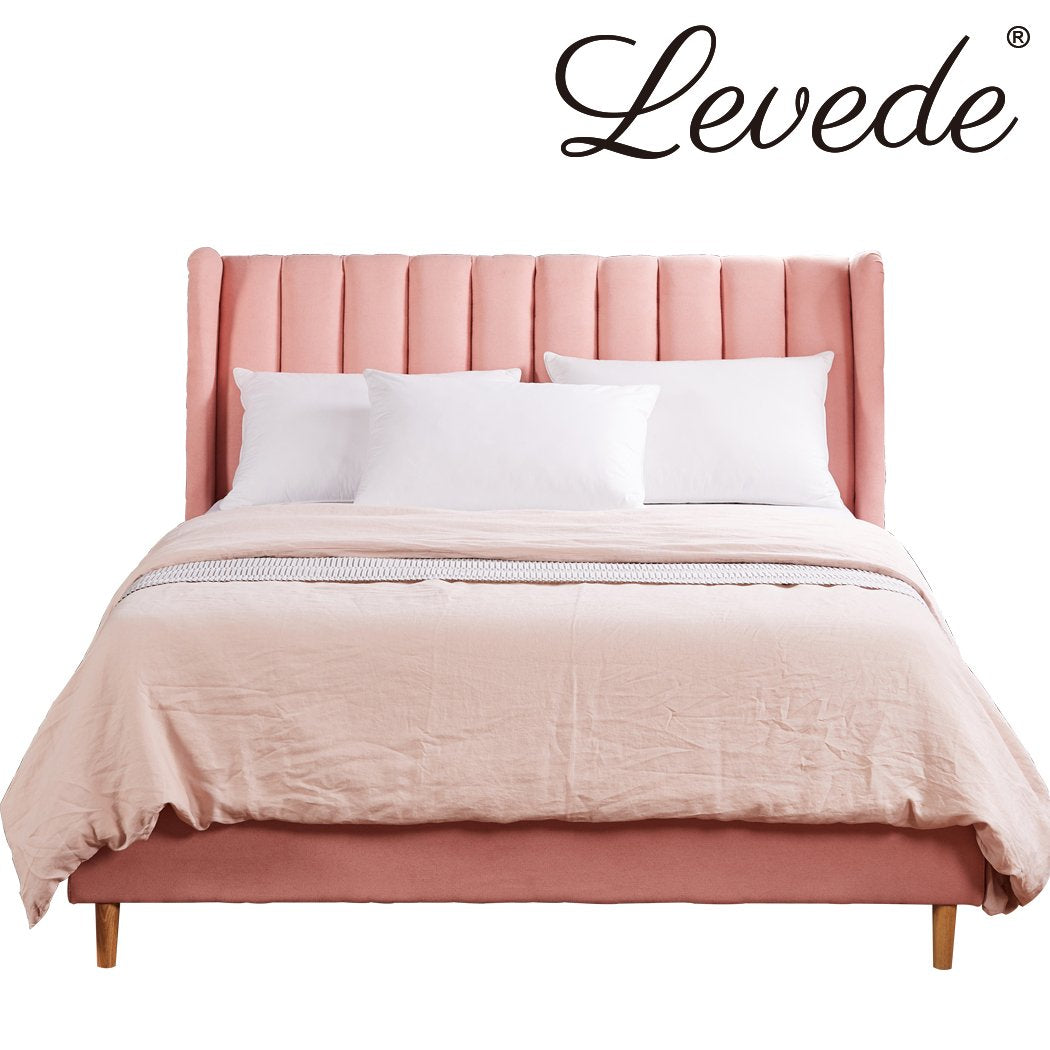 Bed Frame Velvet Base Bedhead Headboard Queen Size Wooden Platform Pink Levede