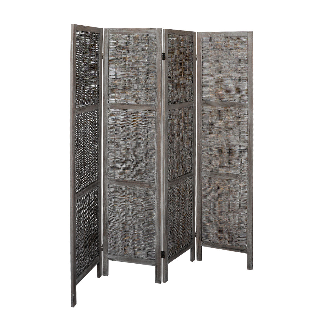 4 Panels Room Divider Screen Privacy Rattan Timber Fold Woven Grey Big Bedding Australia