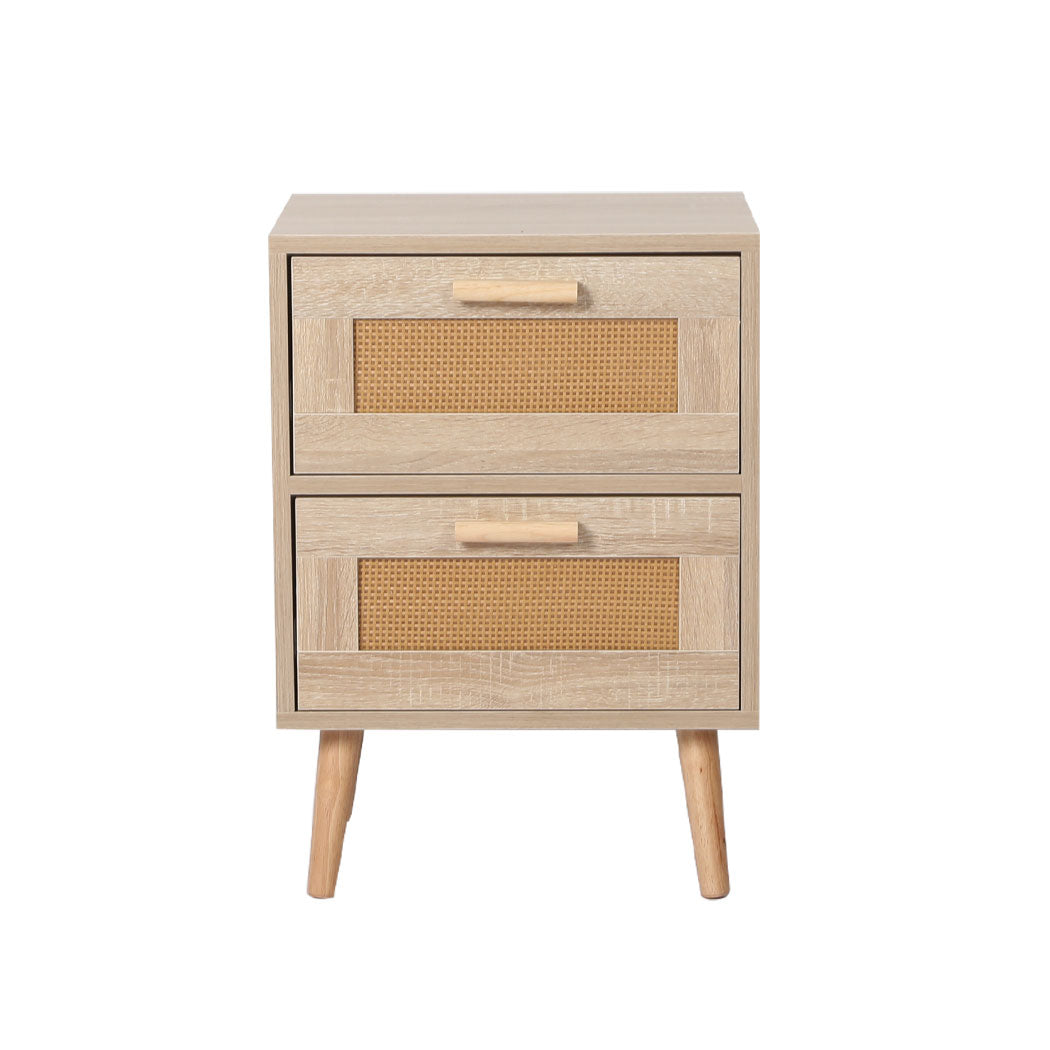 Bedside Tables 2 Drawers Rattan Wood Nightstand Storage Cabinet Bedroom Levede