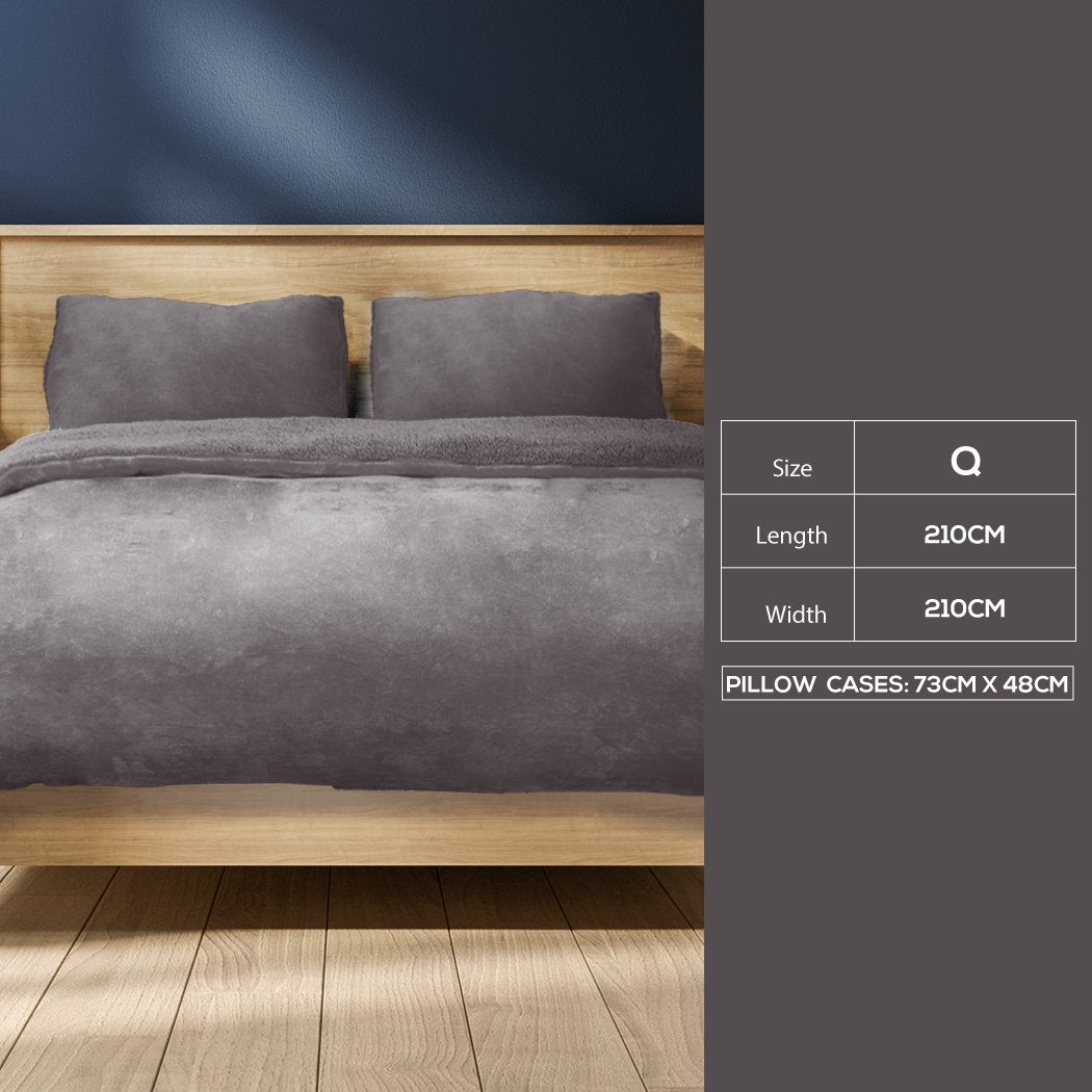 Luxury Flannel Quilt Cover with Pillowcase Silver Grey Queen Big Bedding Australia