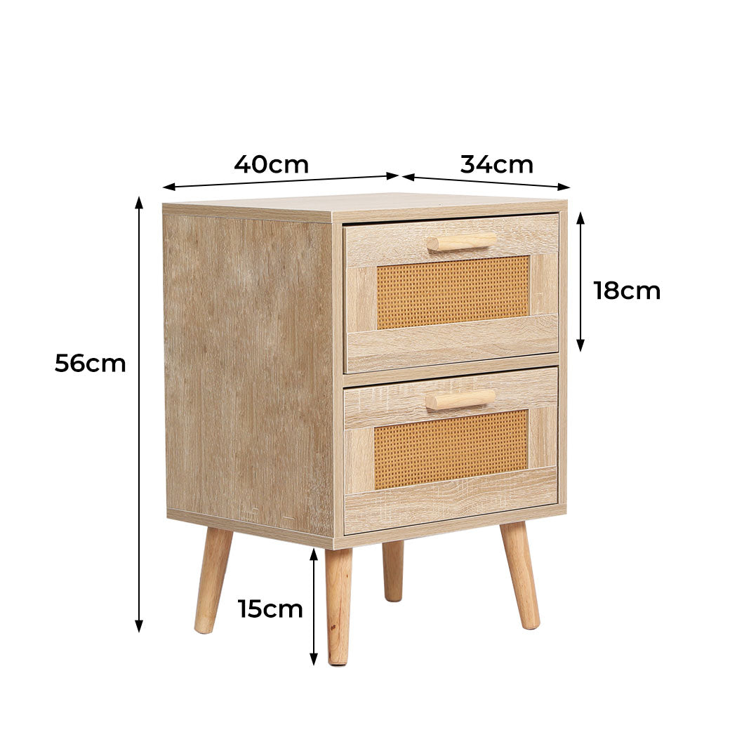 Bedside Tables 2 Drawers Rattan Wood Nightstand Storage Cabinet Bedroom Levede