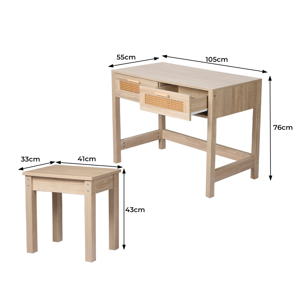 Table Set Rattan Wood Dressing Table Bedroom Desk Stool Home Office Desks Levede