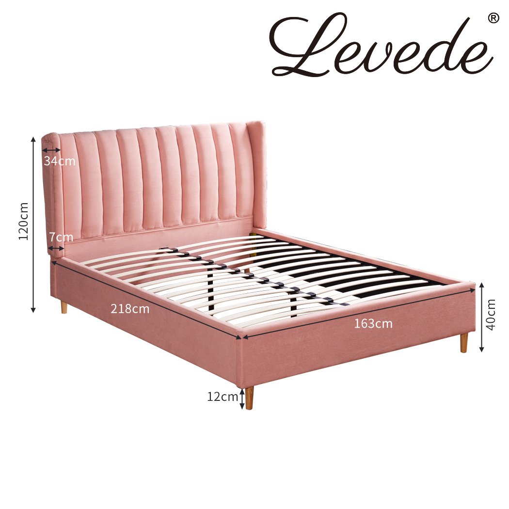 Bed Frame Velvet Base Bedhead Headboard Queen Size Wooden Platform Pink Levede