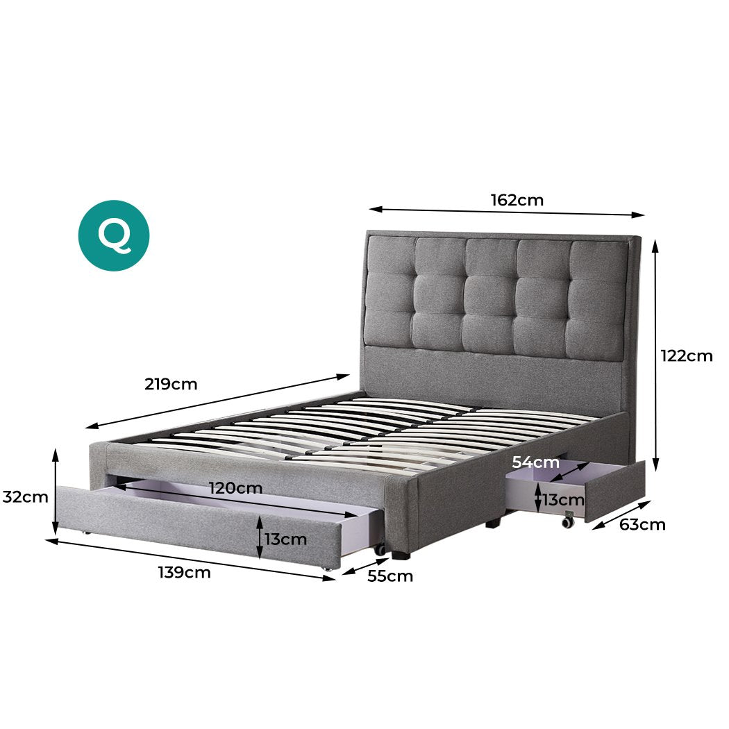 Levede Storage Bed Frame Queen Size Base with Three Drawers Linen Cotton Grey Levede