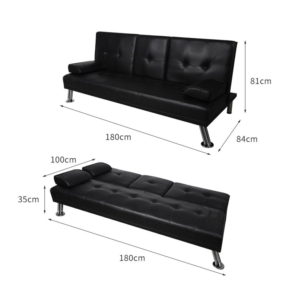 Adjustable Sofa Bed Lounge Futon Couch Leather Beds 3 Seater Cup Holder Recliner Black Big Bedding Australia