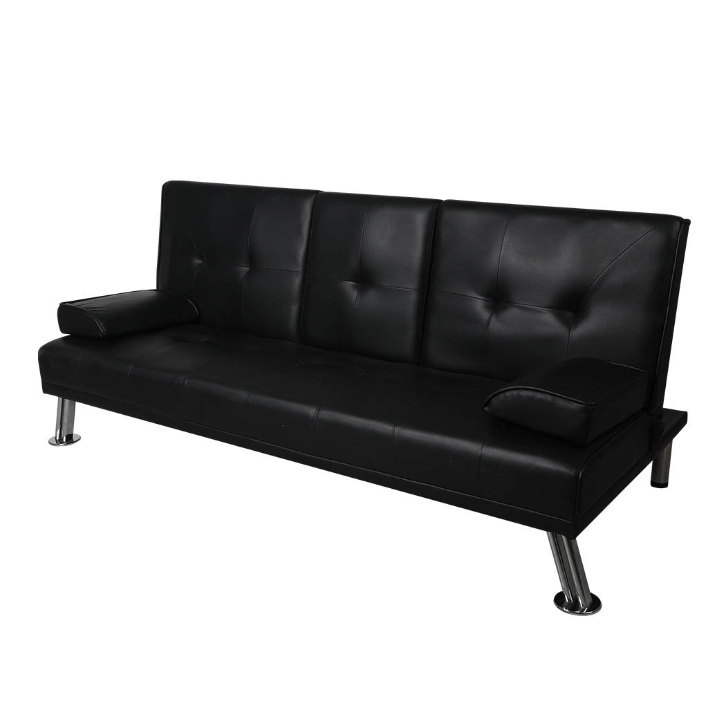 Adjustable Sofa Bed Lounge Futon Couch Leather Beds 3 Seater Cup Holder Recliner Black Big Bedding Australia