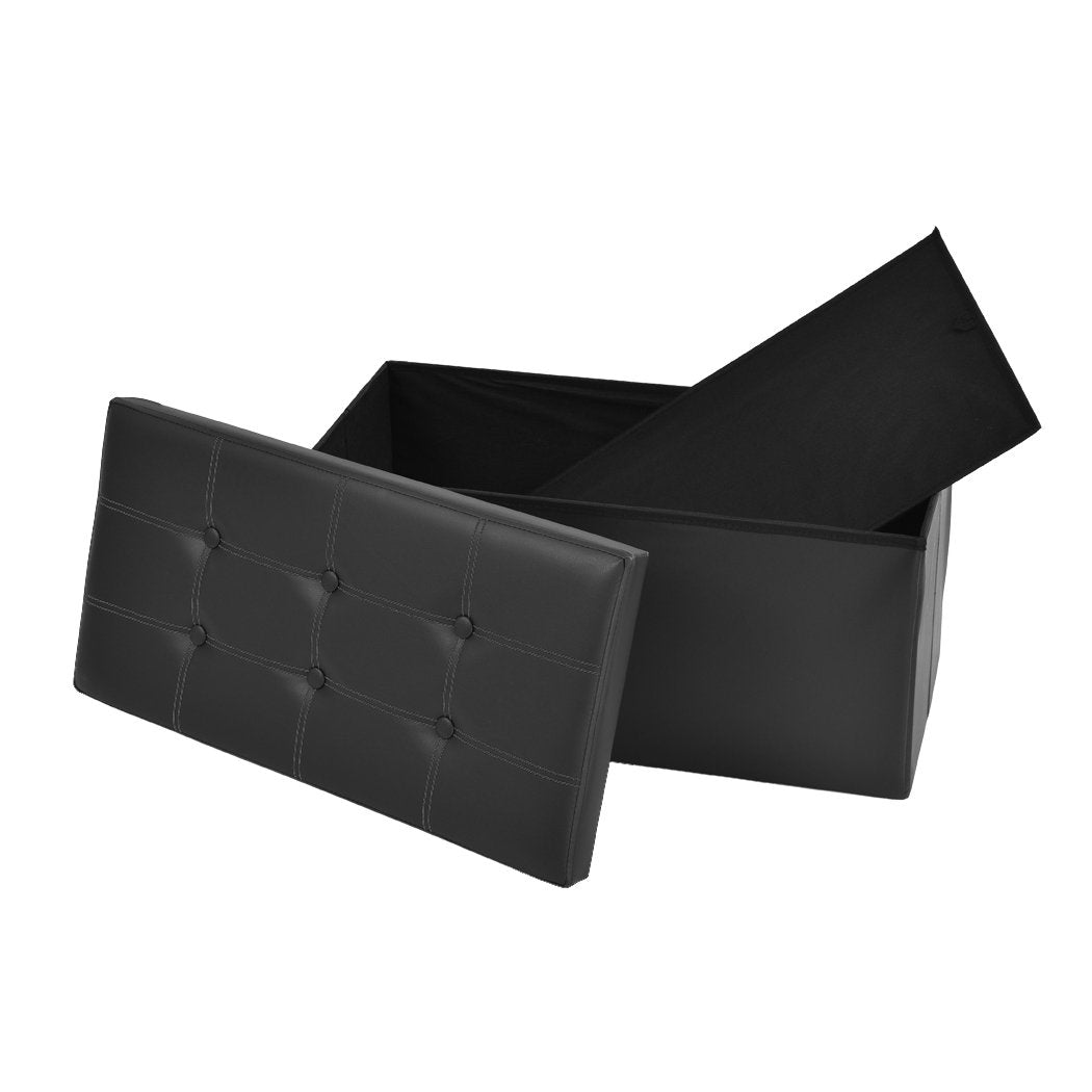 Folding Ottoman Storage Blanket Box Footstool Stool Cube Pouf Faux Black Leather Big Bedding Australia