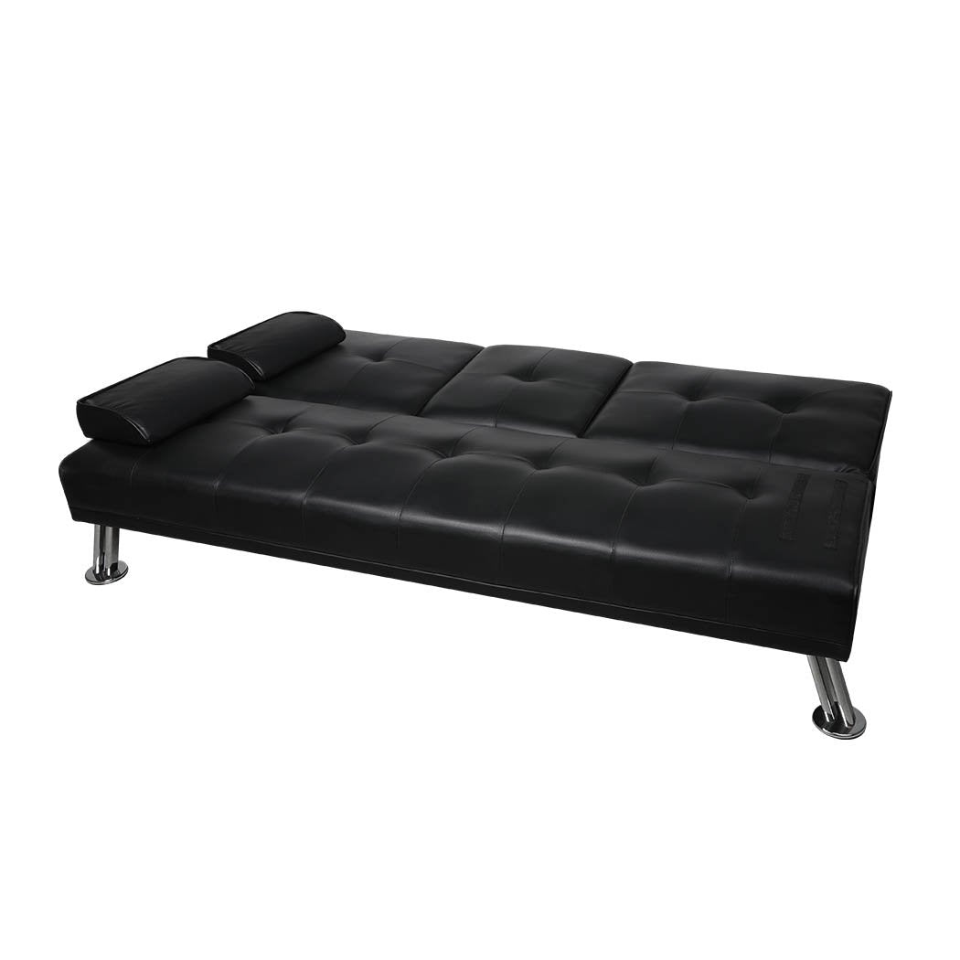 Adjustable Sofa Bed Lounge Futon Couch Leather Beds 3 Seater Cup Holder Recliner Black Big Bedding Australia