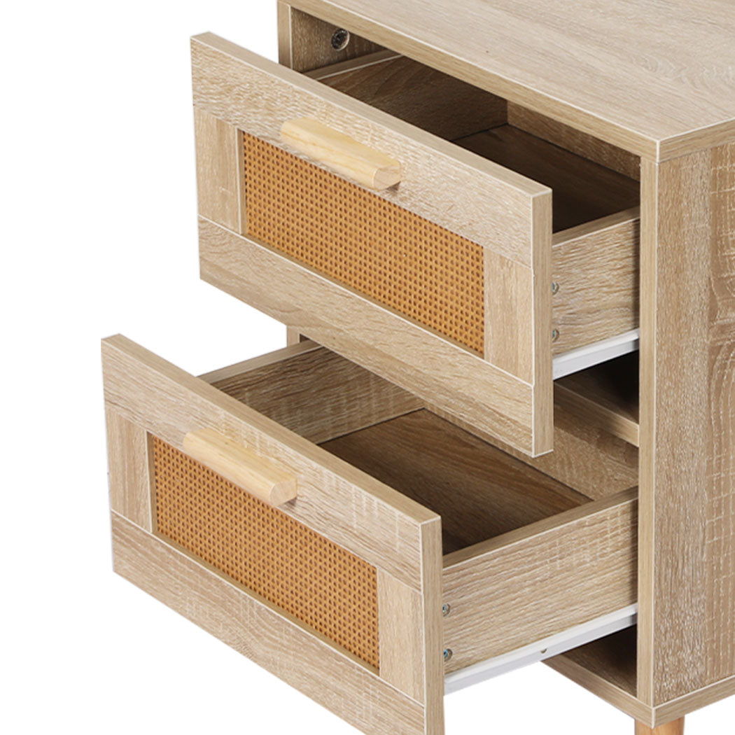 Bedside Tables 2 Drawers Rattan Wood Nightstand Storage Cabinet Bedroom Levede