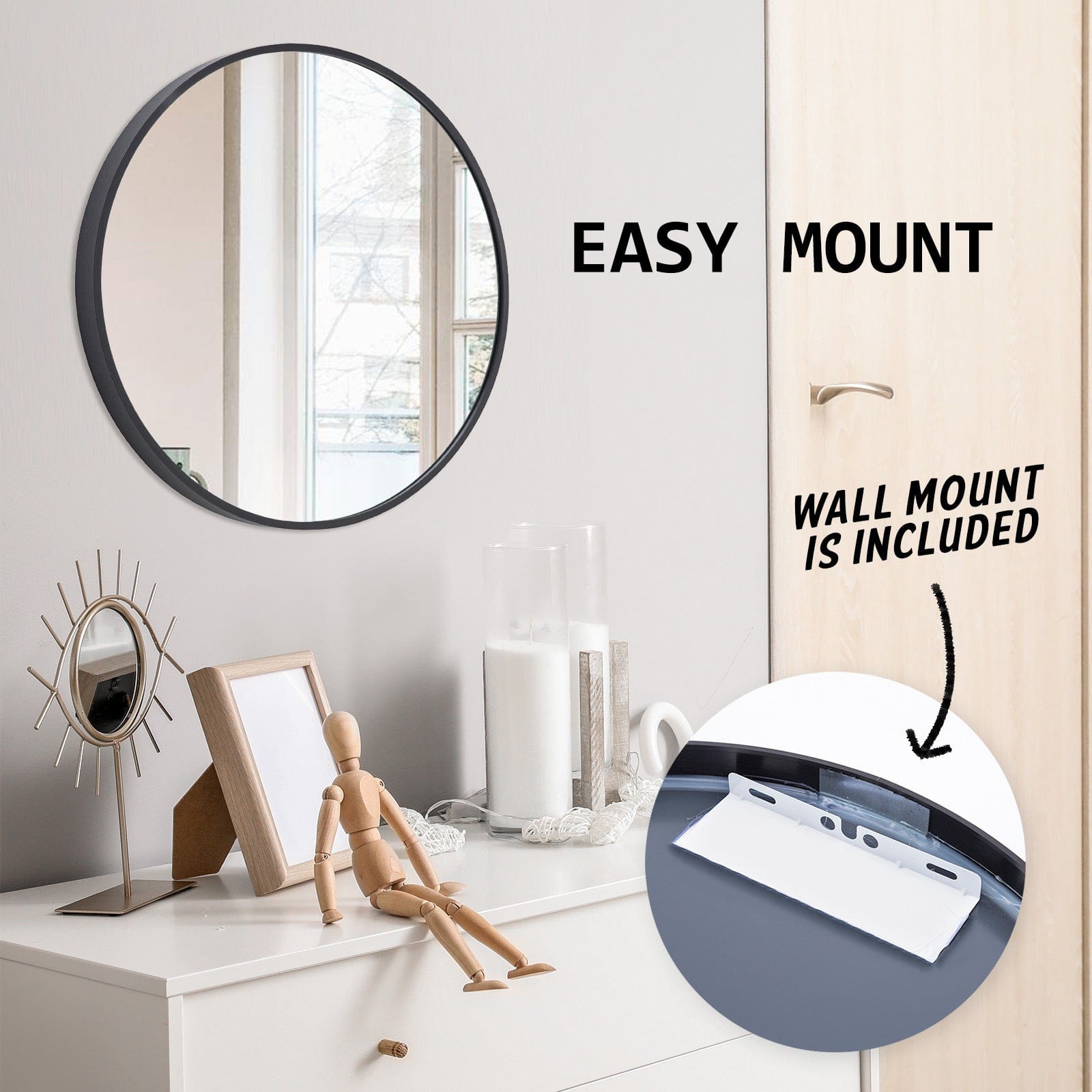 La Bella Mirror 2 Set La Bella Black Wall Mirror Round Aluminum Frame Makeup Decor Bathroom Vanity 60cm