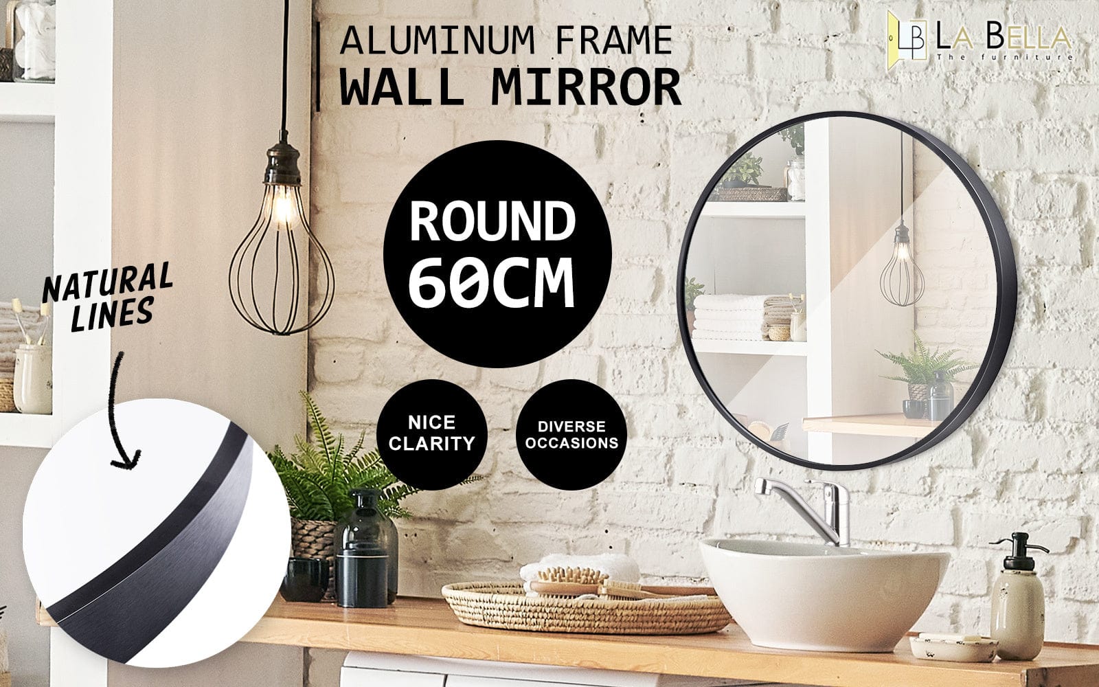 La Bella Mirror 2 Set La Bella Black Wall Mirror Round Aluminum Frame Makeup Decor Bathroom Vanity 60cm