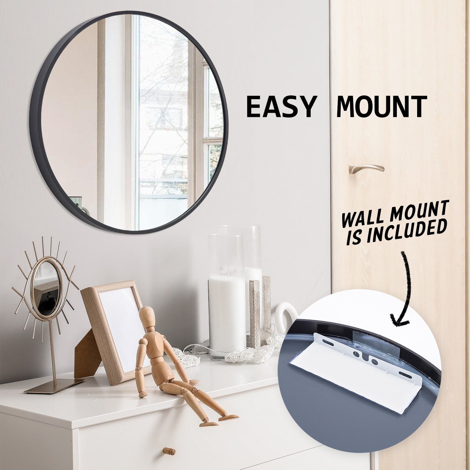 La Bella Mirror 2 Set La Bella Black Wall Mirror Round Aluminum Frame Makeup Decor Bathroom Vanity 70cm