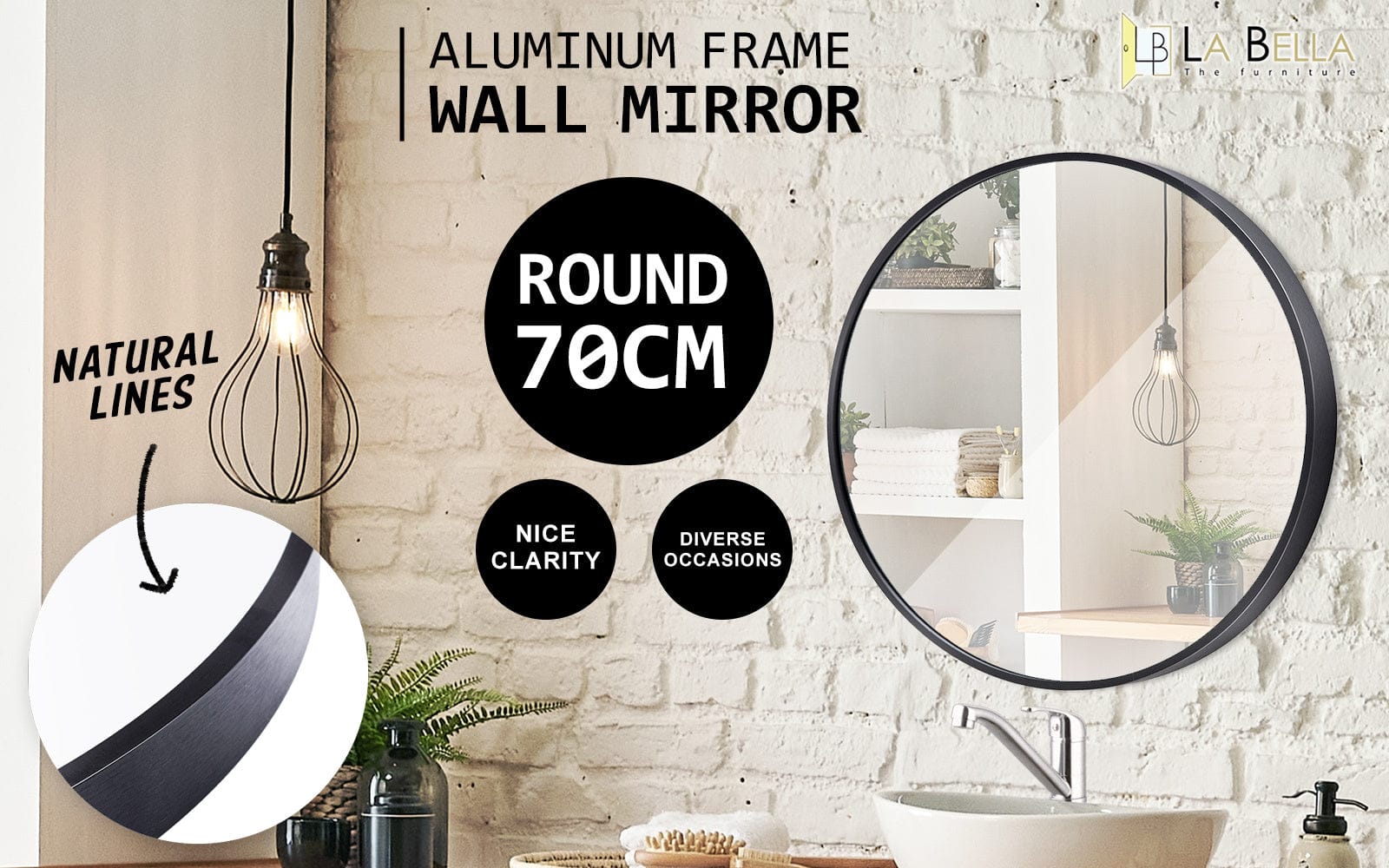 La Bella Mirror 2 Set La Bella Black Wall Mirror Round Aluminum Frame Makeup Decor Bathroom Vanity 70cm