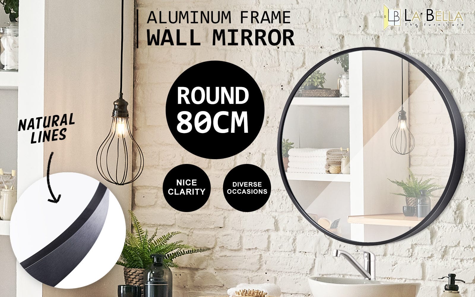 La Bella Mirror 2 Set La Bella Black Wall Mirror Round Aluminum Frame Makeup Decor Bathroom Vanity 80cm