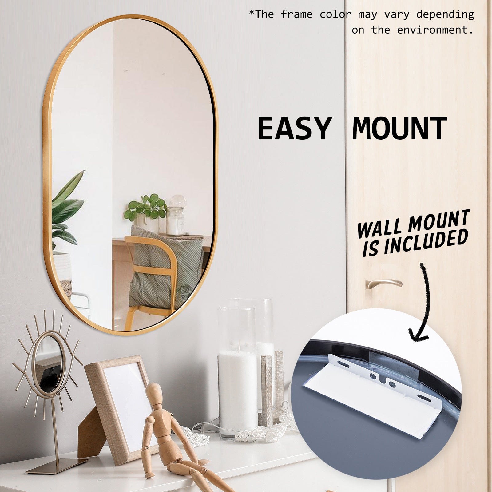 La Bella Mirror 2 Set La Bella Gold Wall Mirror Oval Aluminum Frame Makeup Decor Bathroom Vanity 50x75cm