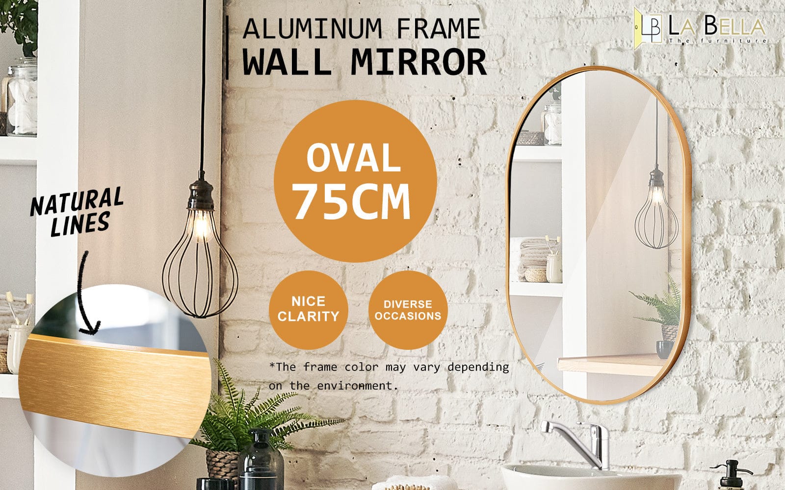 La Bella Mirror 2 Set La Bella Gold Wall Mirror Oval Aluminum Frame Makeup Decor Bathroom Vanity 50x75cm
