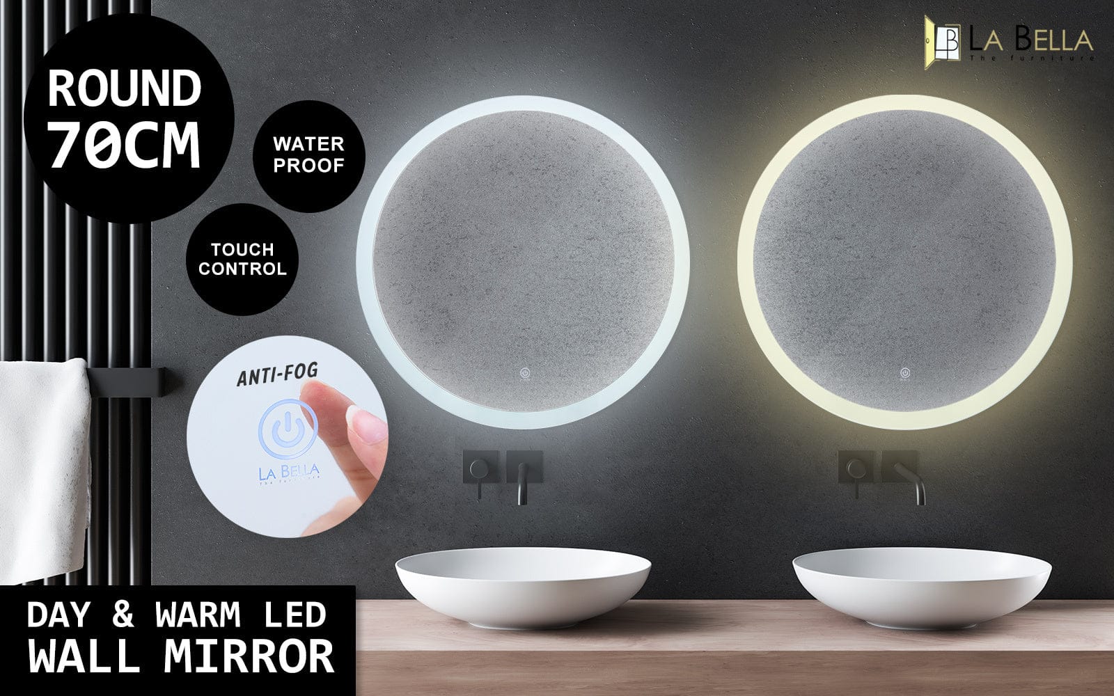 La Bella Mirror 2 Set La Bella LED Wall Mirror Round Touch Anti-Fog Makeup Decor Bathroom Vanity 70cm