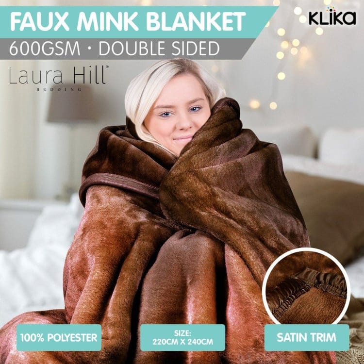 Laura Hill Blanket LAURA HILL 600GSM LARGE DOUBLE-SIDED FAUX MINK BLANKET - CHOCOLATE