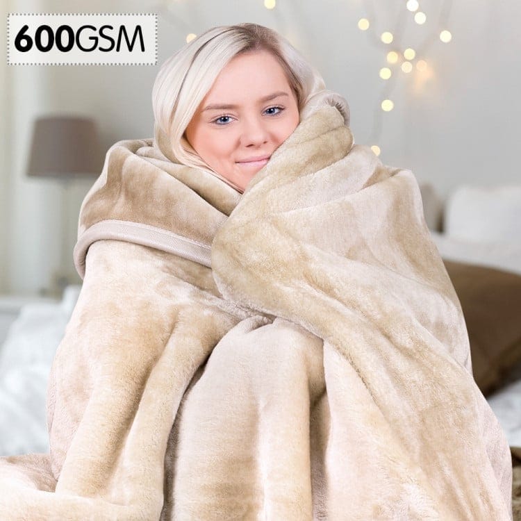 Laura Hill Blanket LAURA HILL 600GSM LARGE DOUBLE-SIDED QUEEN FAUX MINK BLANKET - BEIGE