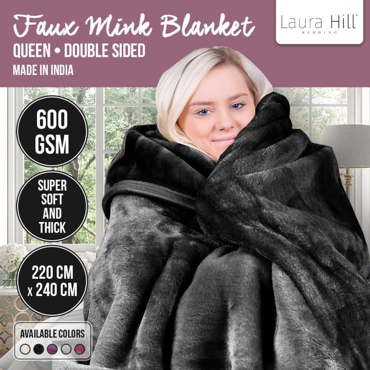 Laura Hill Blanket LAURA HILL 600GSM LARGE DOUBLE-SIDED QUEEN FAUX MINK BLANKET - BLACK