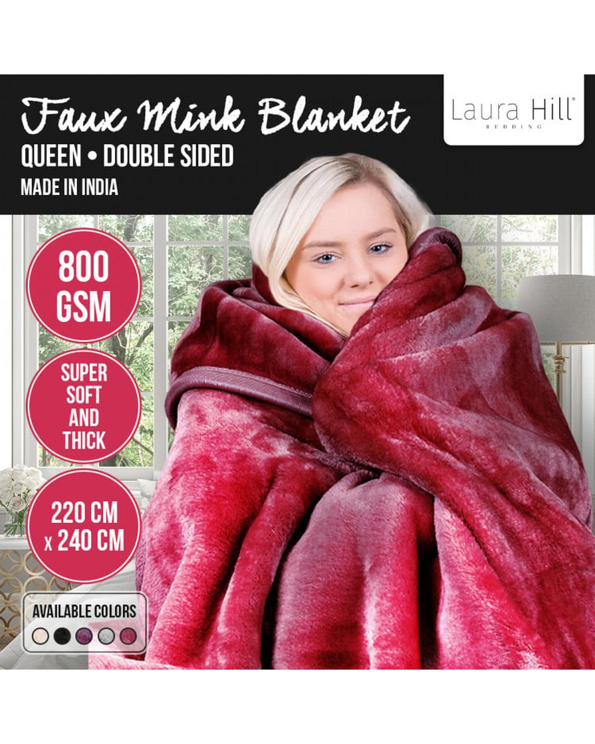 Laura Hill Blanket LAURA HILL 800GSM HEAVY DOUBLE-SIDED FAUX MINK BLANKET - RED
