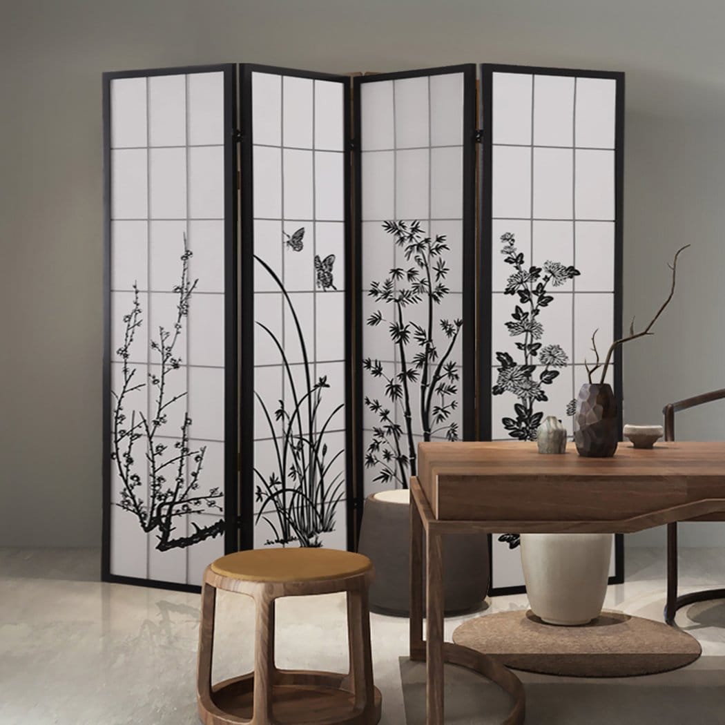 Levede Room Divider 4 Panel Room Divider Screen Door Stand Privacy Fringe Wood Fold Blossom