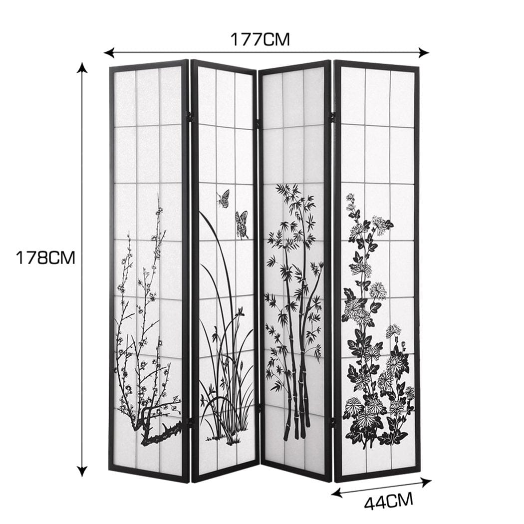 Levede Room Divider 4 Panel Room Divider Screen Door Stand Privacy Fringe Wood Fold Blossom