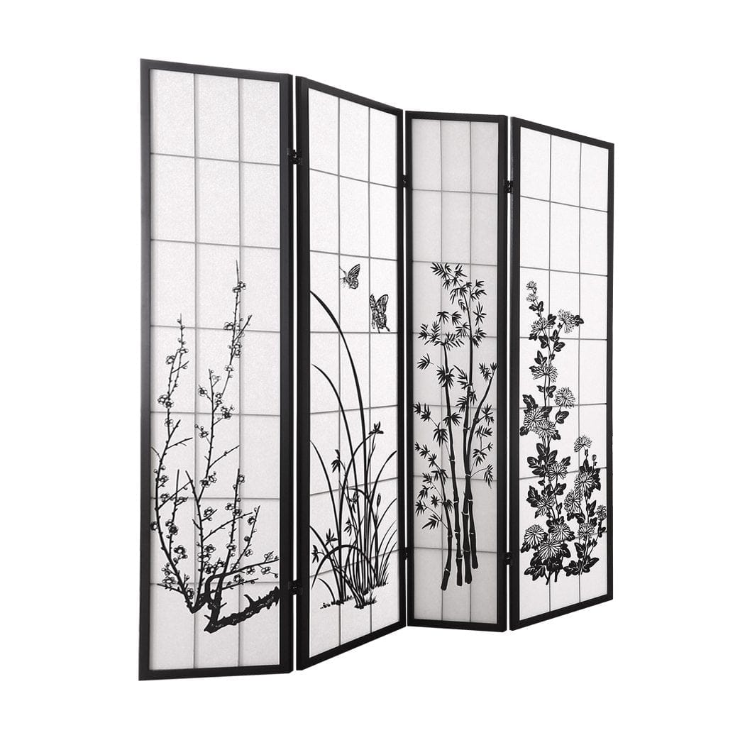 Levede Room Divider 4 Panel Room Divider Screen Door Stand Privacy Fringe Wood Fold Blossom