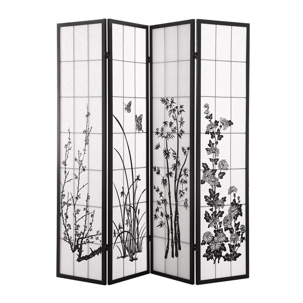 Levede Room Divider 4 Panel Room Divider Screen Door Stand Privacy Fringe Wood Fold Blossom