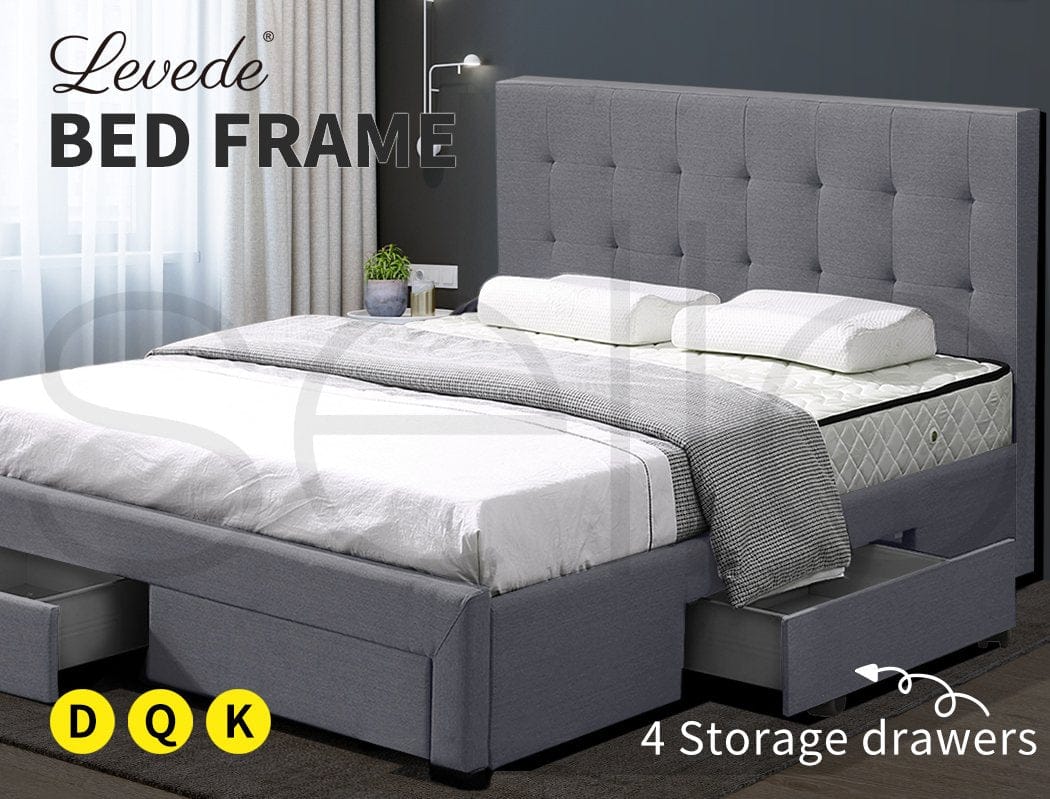 Levede Bedframe Bed Frame Base With Storage Drawer Mattress Wooden Fabric Double Grey