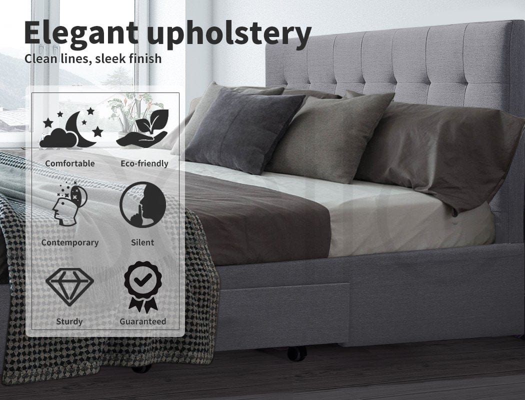 Levede Bedframe Bed Frame Base With Storage Drawer Mattress Wooden Fabric Double Grey