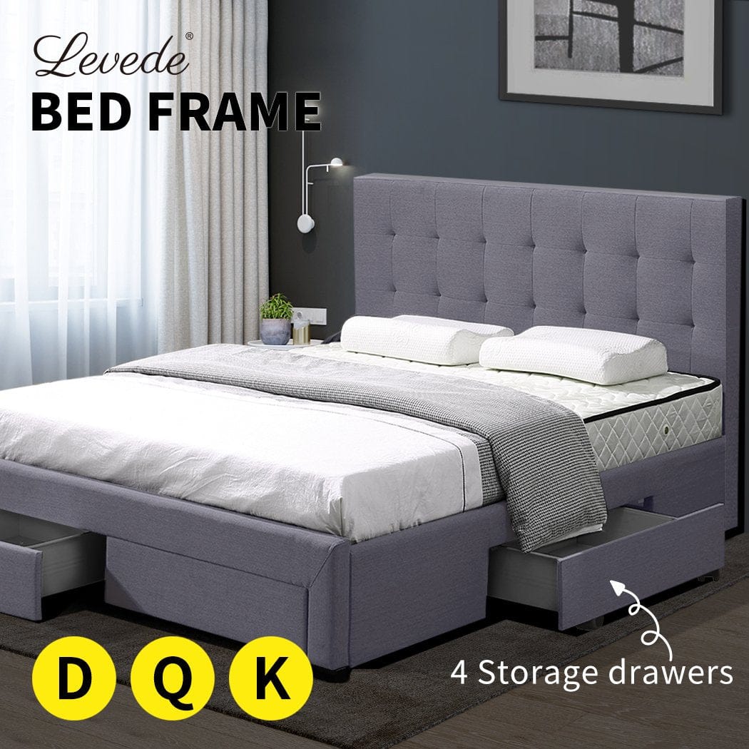 Levede Bedframe Bed Frame Base With Storage Drawer Mattress Wooden Fabric Double Grey