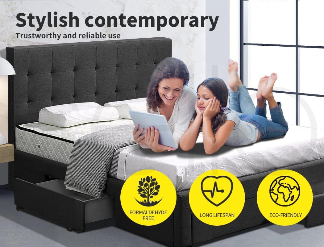 Levede Bedframe Bed Frame Base With Storage Drawer Mattress Wooden Fabric Queen Dark Grey