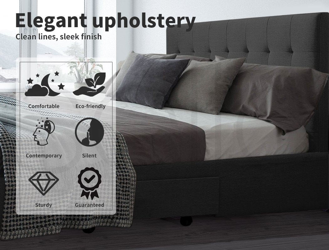 Levede Bedframe Bed Frame Base With Storage Drawer Mattress Wooden Fabric Queen Dark Grey