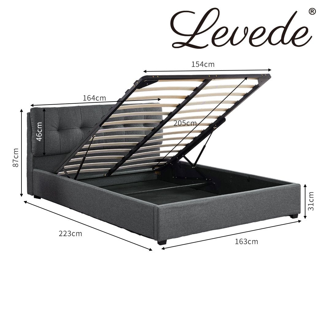 Levede Bedframe Bed Frame Queen Size Gas Lift Base Storage Wooden Platform Linen Cotton