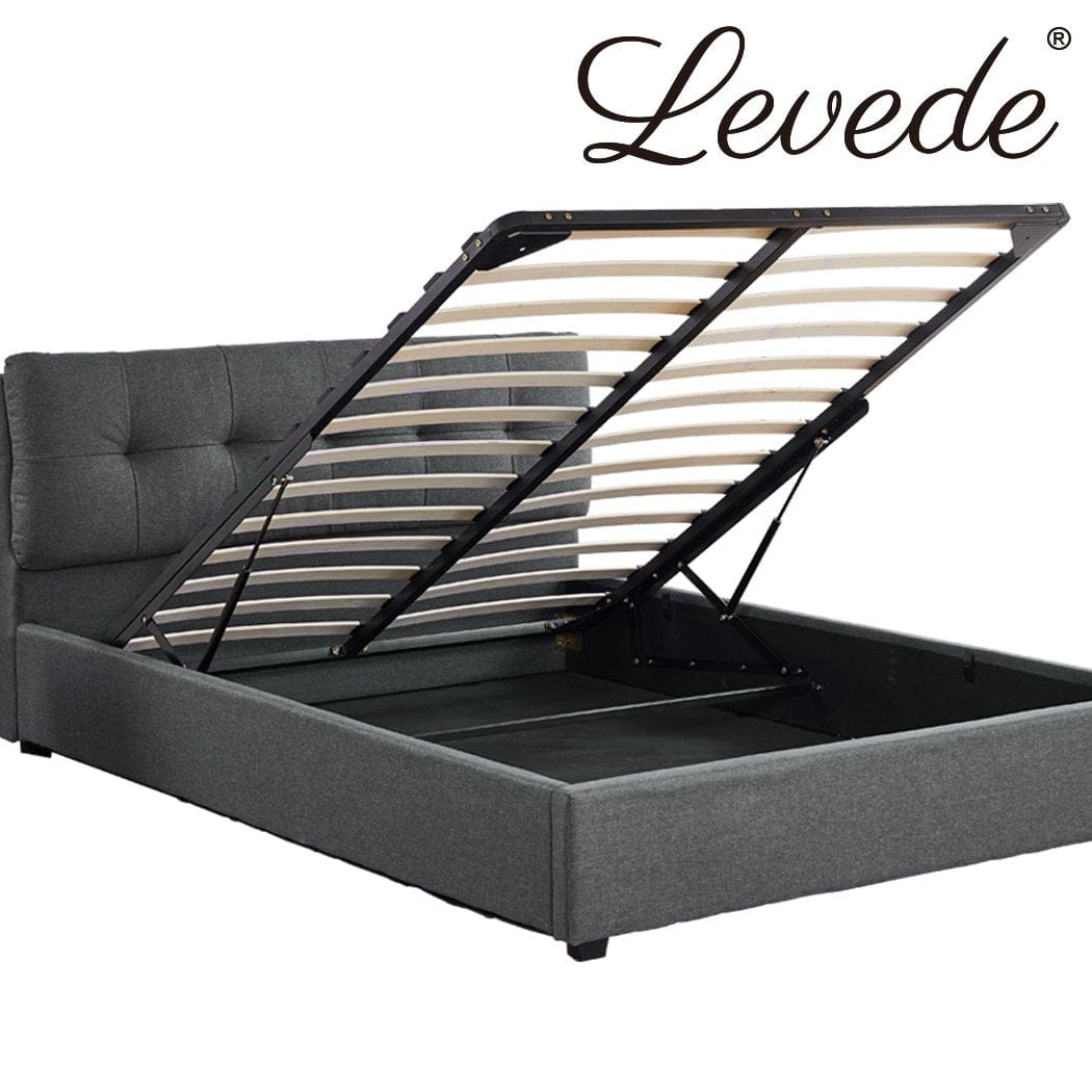 Levede Bedframe Bed Frame Queen Size Gas Lift Base Storage Wooden Platform Linen Cotton