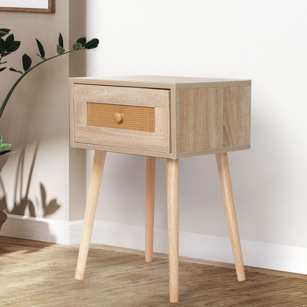 Levede Bedside Table Bedside Tables Rattan Wood Drawers Nightstand Storage Cabinet Bedroom