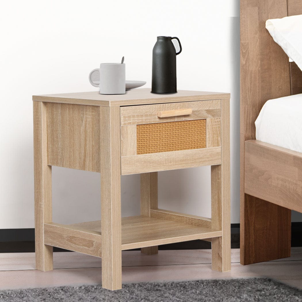 Levede Bedside Table Bedside Tables Rattan Wood Drawers Nightstand Storage Cabinet Bedroom