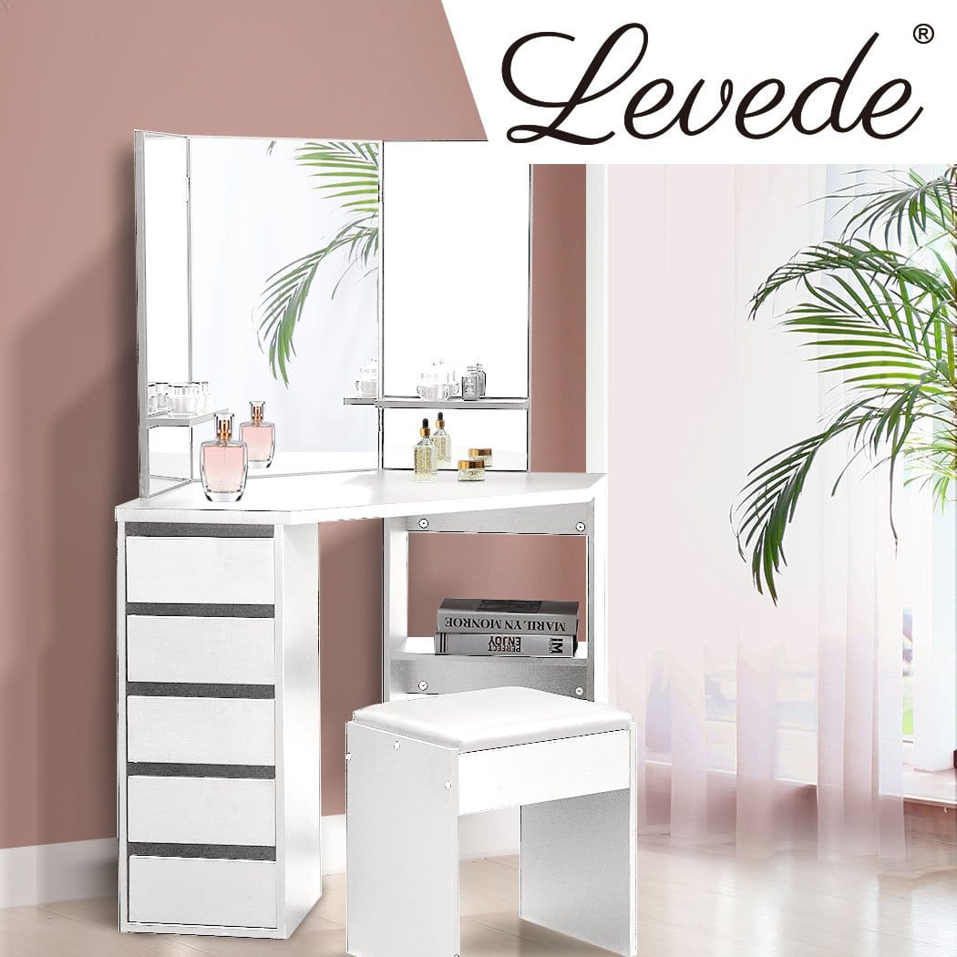 Levede Dressing Table Dressing Table Stool Mirror Jewellery Organiser Makeup Cabinet 5 Drawers White