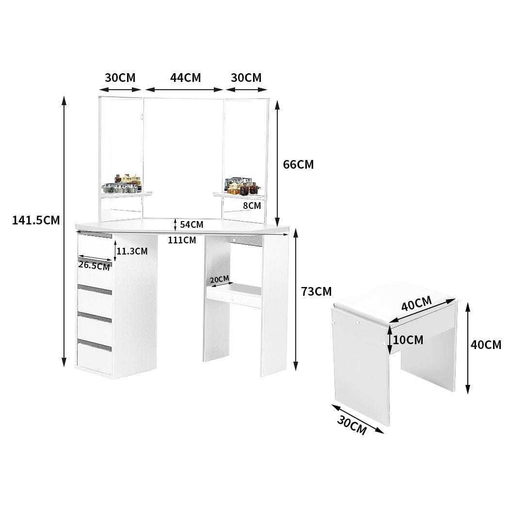 Levede Dressing Table Dressing Table Stool Mirror Jewellery Organiser Makeup Cabinet 5 Drawers White