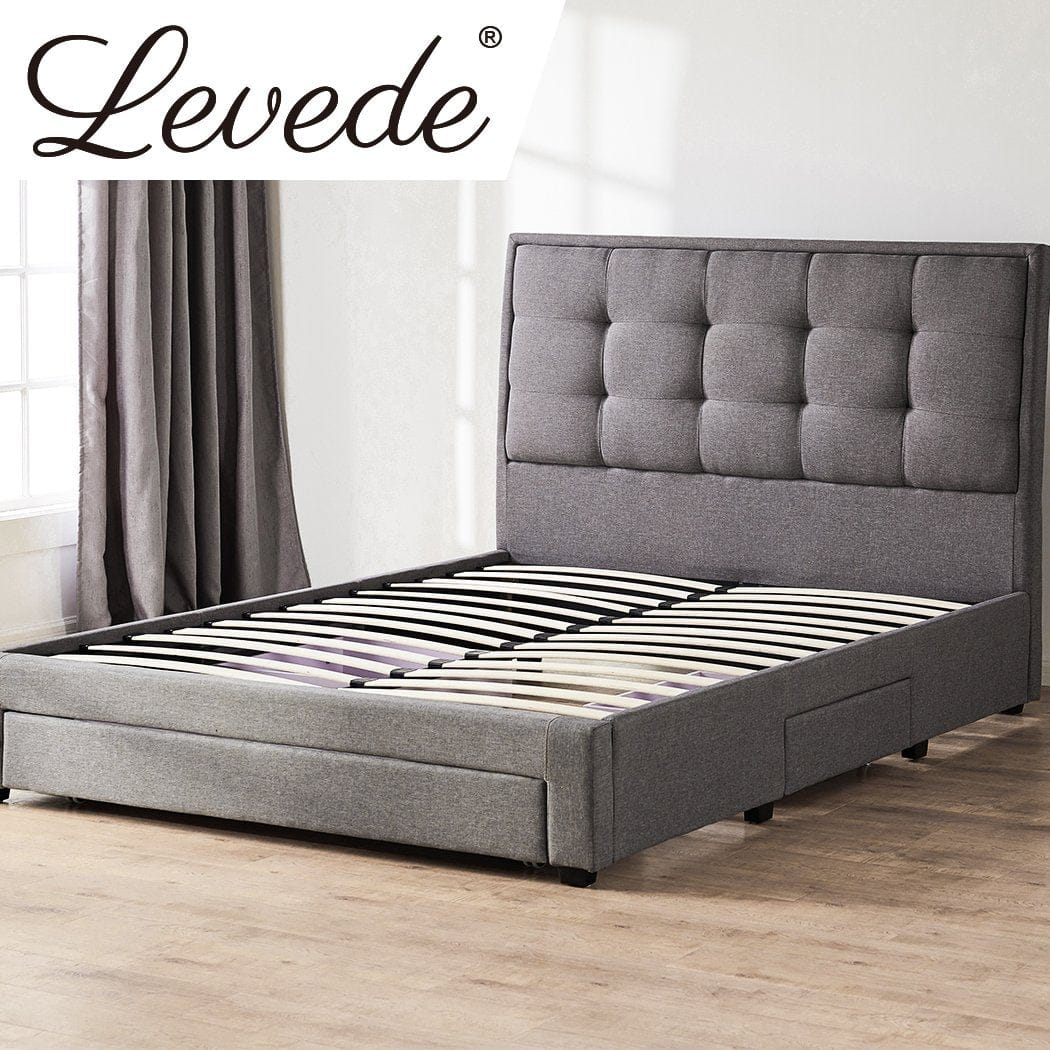 Levede Bedframe Levede Storage Bed Frame Queen Size Base with Three Drawers Linen Cotton Grey