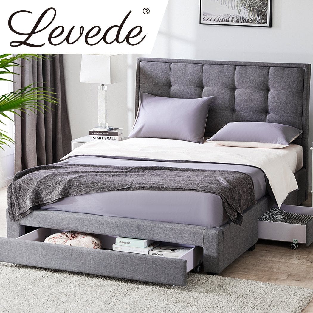 Levede Bedframe Levede Storage Bed Frame Queen Size Base with Three Drawers Linen Cotton Grey