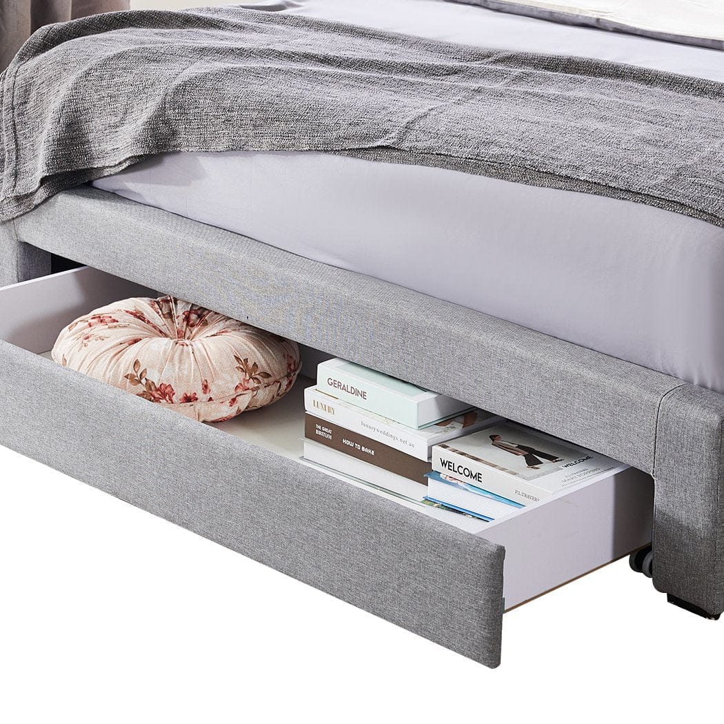 Levede Bedframe Levede Storage Bed Frame Queen Size Base with Three Drawers Linen Cotton Grey
