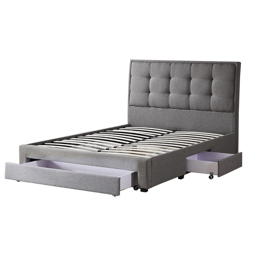 Levede Bedframe Levede Storage Bed Frame Queen Size Base with Three Drawers Linen Cotton Grey